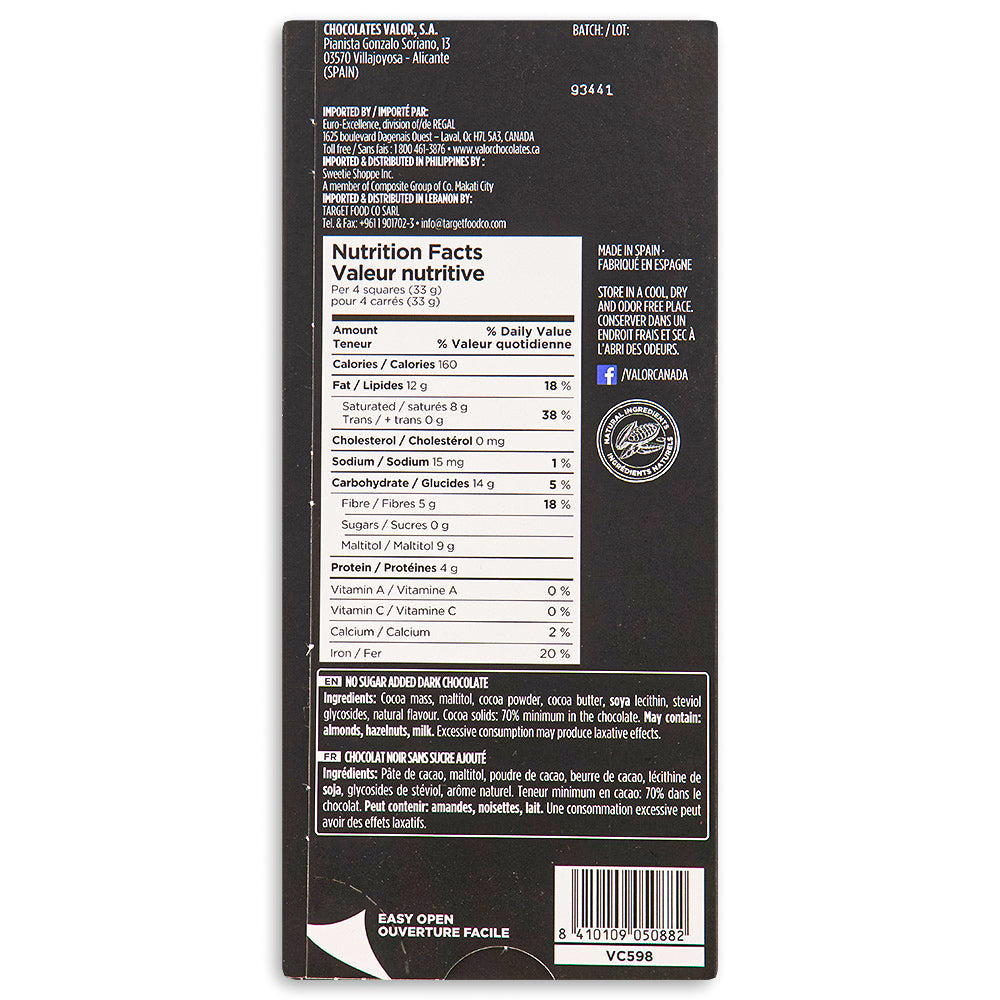Valor 70% Cacao Intense Dark Sugar Free - 100 g