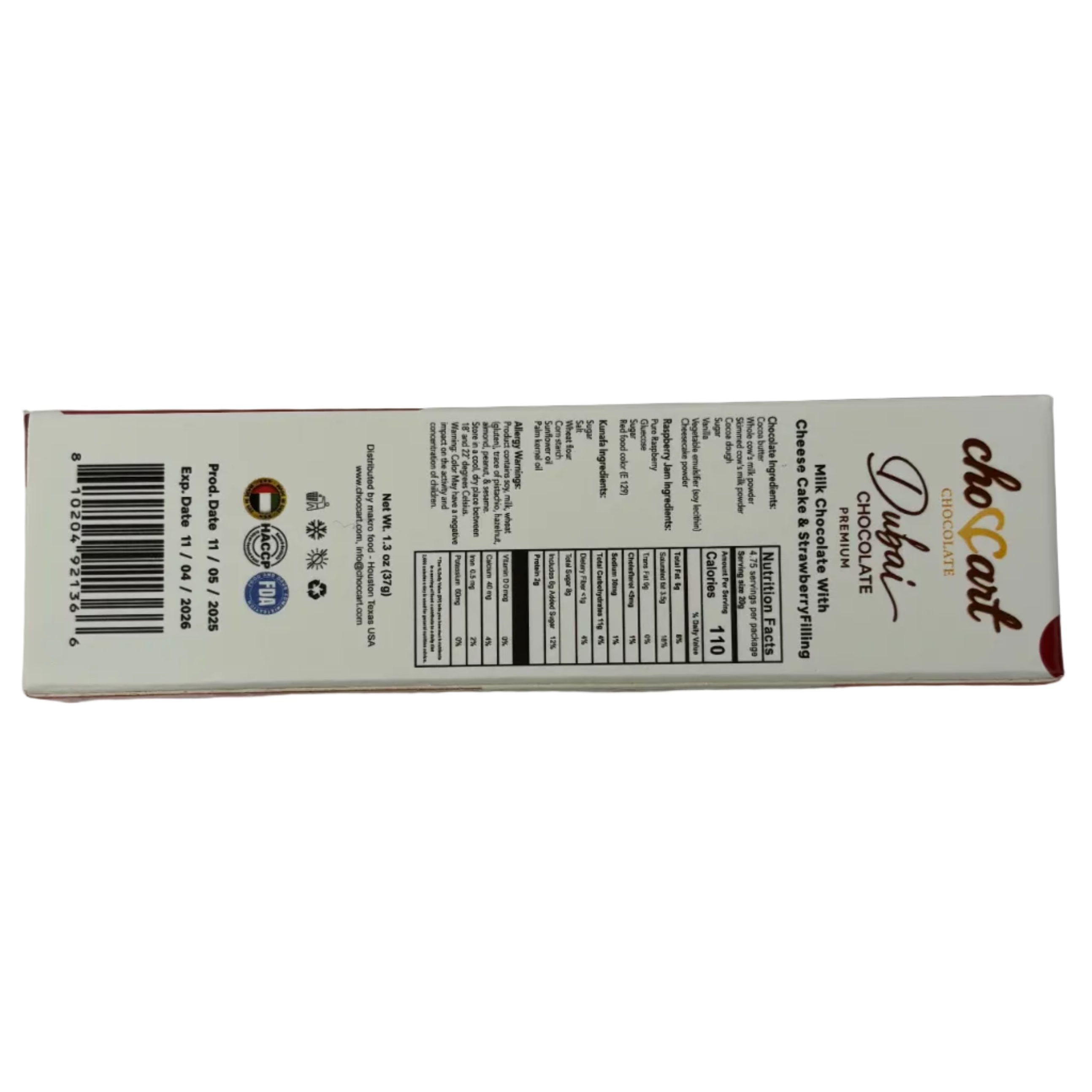 Choccart Dubai Chocolate Milk Chocolate with Cheese Cake & Strawberry Filling - 1.3oz