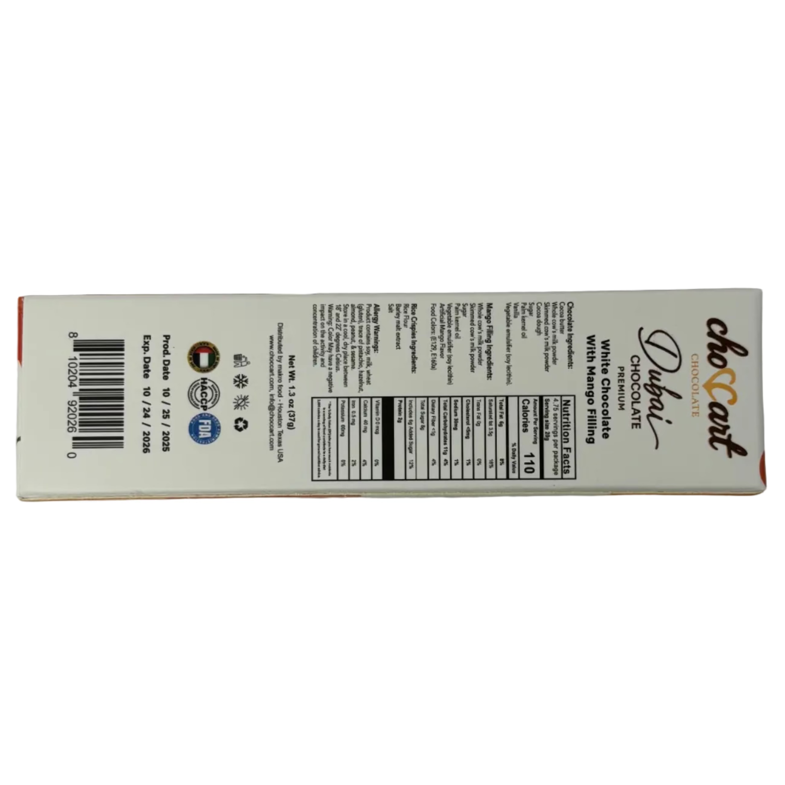 Choccart Dubai Chocolate White Chocolate with Mango Filling - 1.3oz