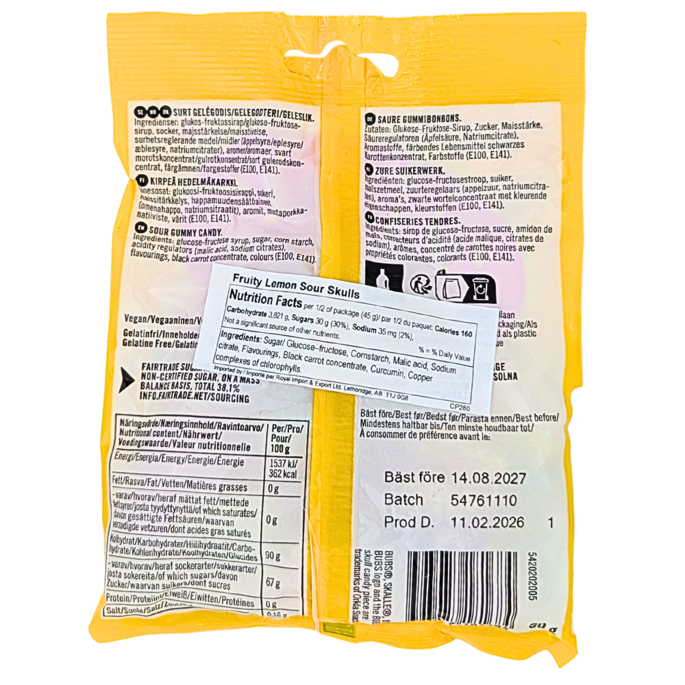 Bubs Sour Skull Fruity Lemon Mix (Sweden) - 90g