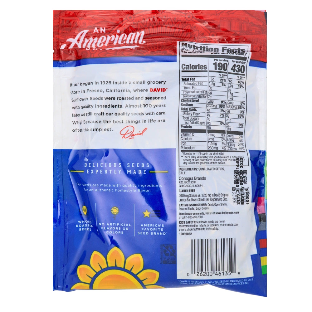 DAVID Reduced Sodium Jumbo Sunflower Seeds - 5.25oz
