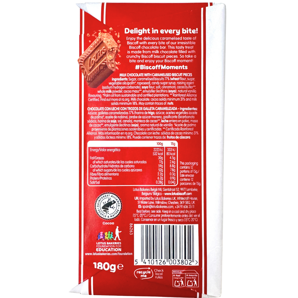 Lotus Biscoff Milk Chocolate Bar with Biscoff Crumbs (UK) - 180g