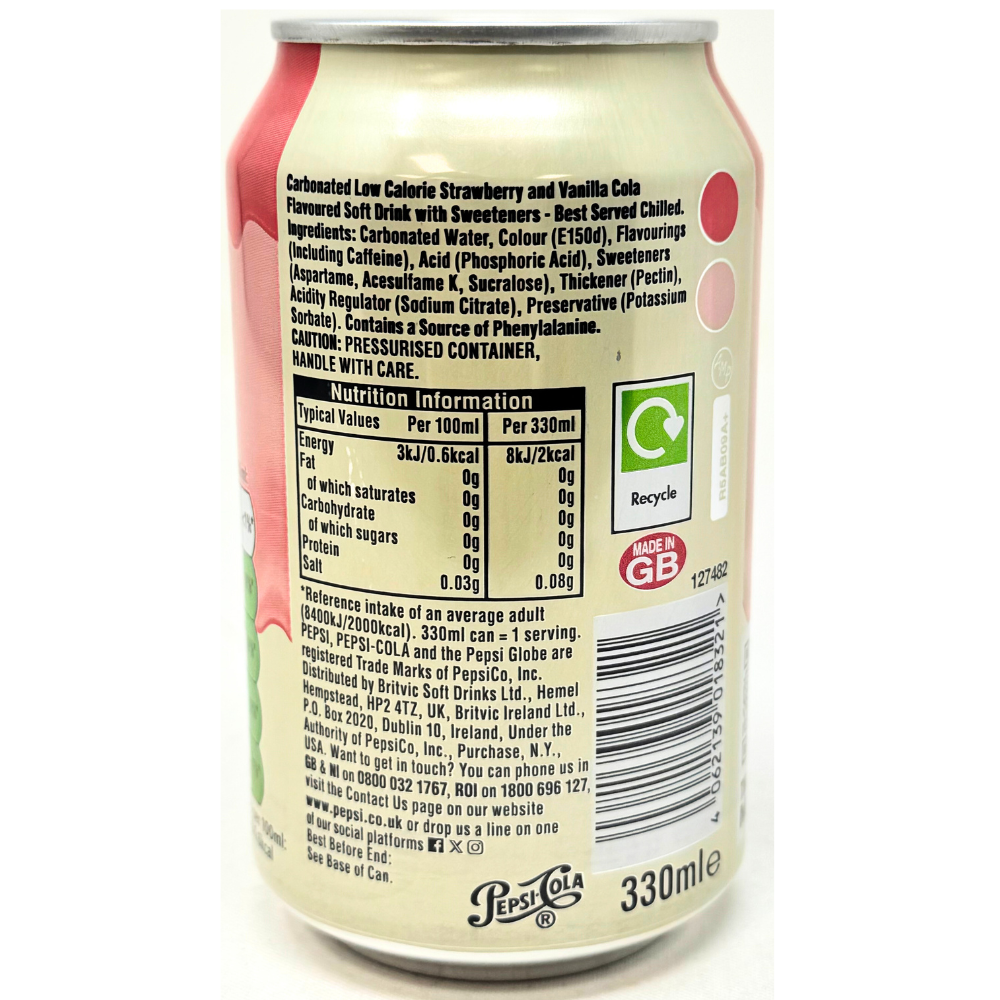 Pepsi Strawberries 'N' Cream Zero Sugar (UK) - 330mL *BB Sep 26 2026*
