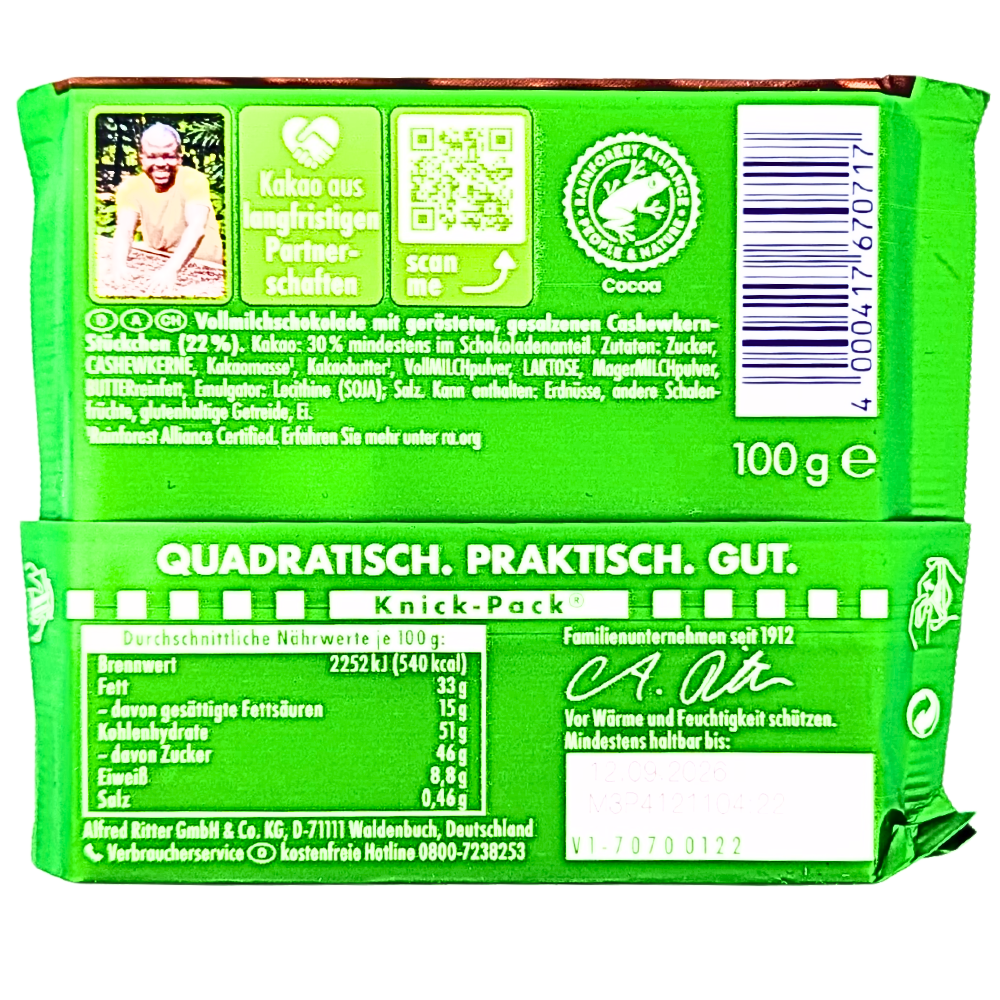 Ritter Sport Cashew - 100g *BB Sep 12 2026*