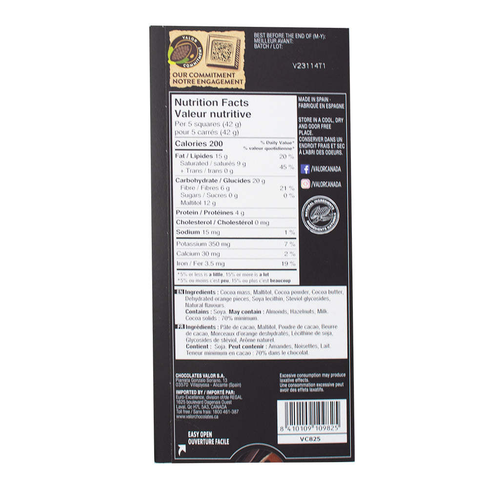 Valor 70% Cacao with Orange Sugar Free - 100g